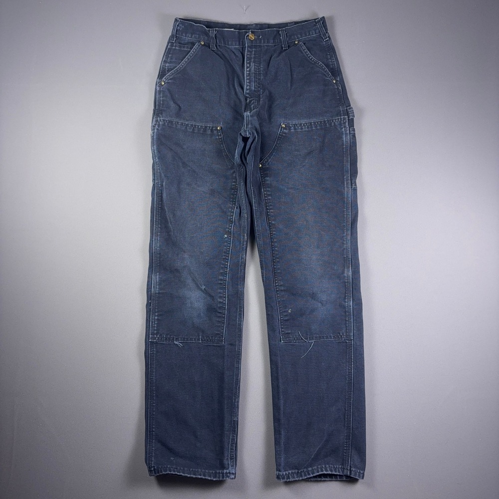 Vintage 90s Carhartt Double Knee Work Pants Navy Blue Duck Canvas USA Made 31x34